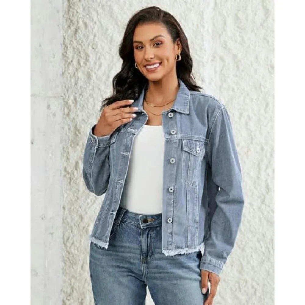 Distressed Denim Jacket Women's Long Sleeve Frayed Hem Trucker